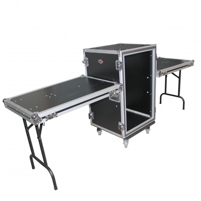14U Vertical 24 deep Rail to RailShockproof Amp/Rack Case w/ dual side tables and 4 Casters 