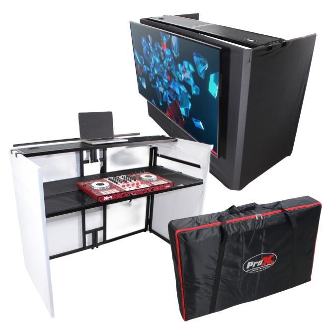 MESA MEDIA MK2 DJ Facade Table Workstation Includes TV Bracket Mount White & Black Scrims and Carry Bag