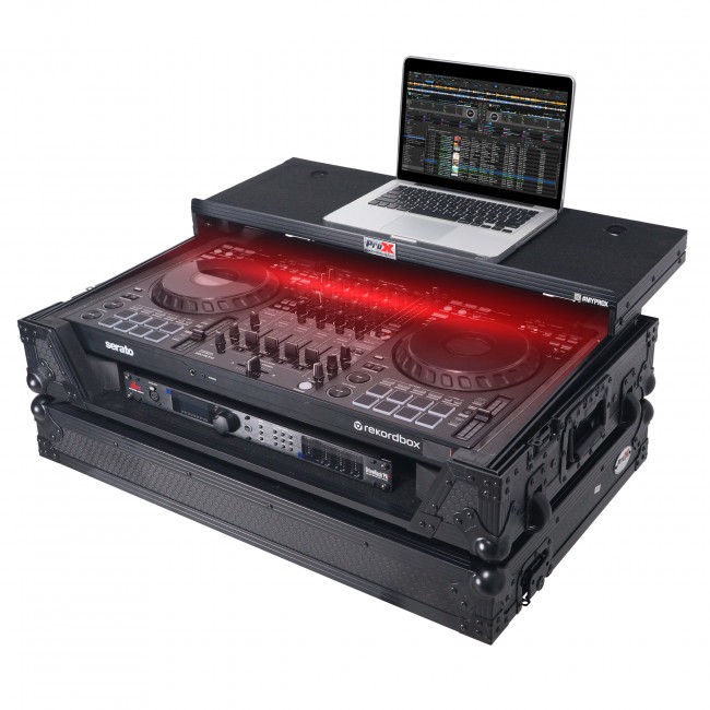  ATA Flight Style Road Case For Pioneer DDJ-FLX10 DJ Controller with Laptop Shelf 1U Rack Space Wheels and LED Black Finish