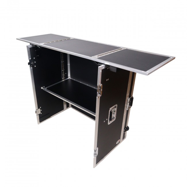 Flight Case Style Folding DJ Table and Workstation with Smooth Rolling Wheels