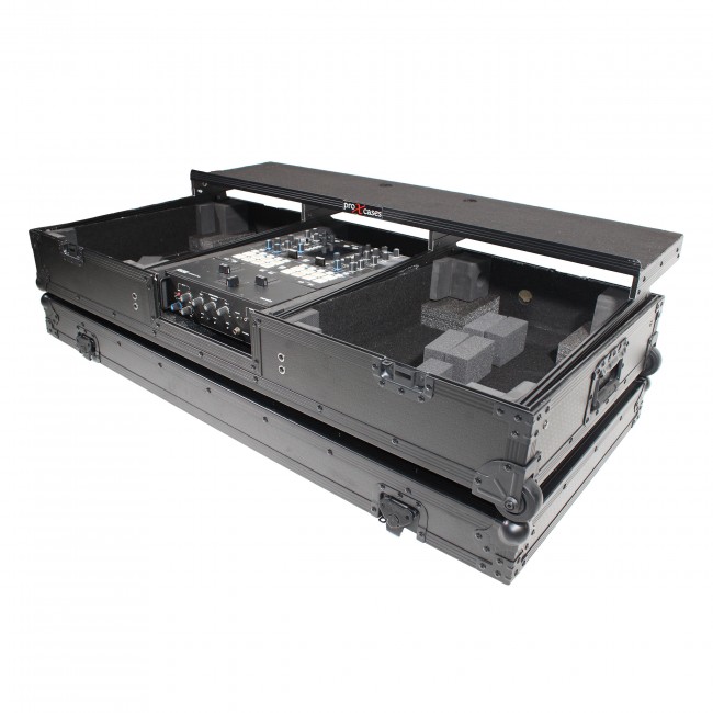 Flight Coffin Case For 12 Rane 72 Mixer and 2 Turntables in Battle Mode W/ Laptop Shelf and Wheels Black on Black