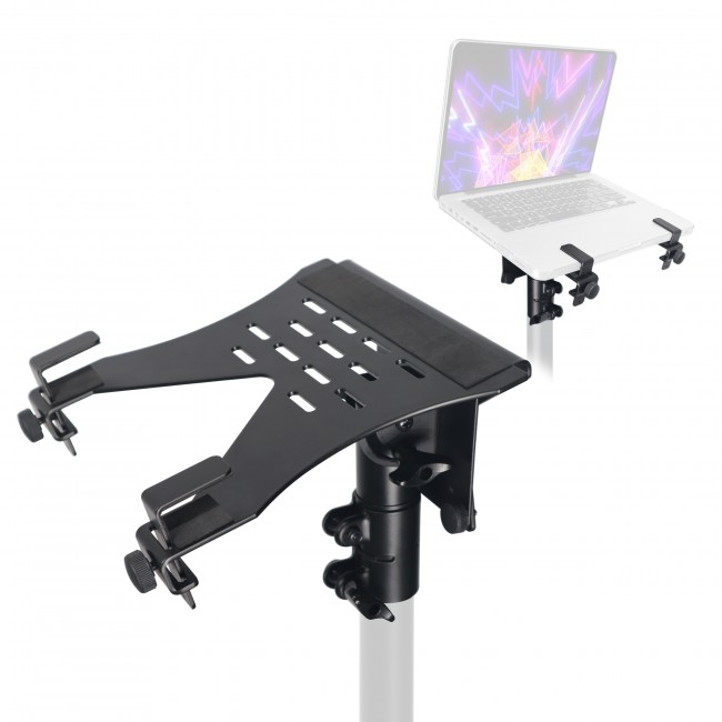Universal Laptop Tray + VESA Monitor Mounting Bracket fits on Speaker Stand 1-3/8 Pole Black