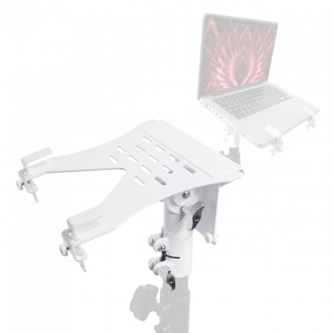 Universal Laptop Tray + VESA Monitor Mounting Bracket fits on Speaker Stand 1-3/8 Pole White
