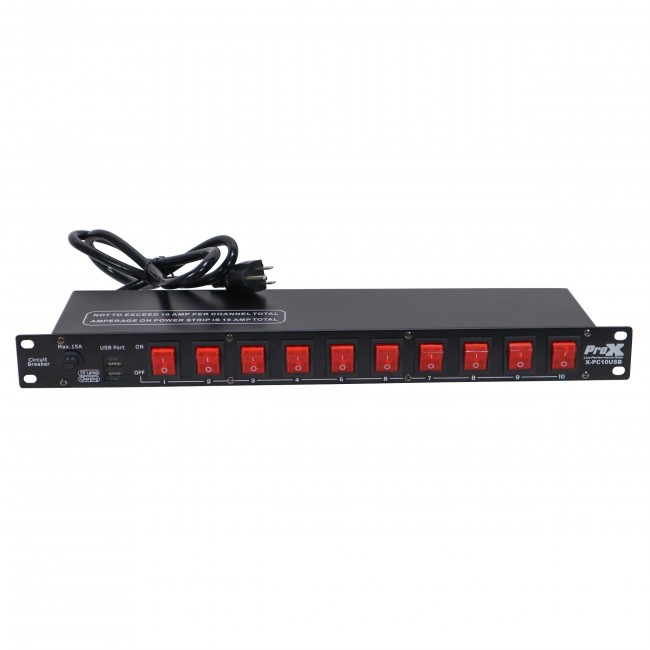 10 Way Edison AC Power 1U Rack Mountable Power Strip 15A Breaker On Off LED Toggle Switches