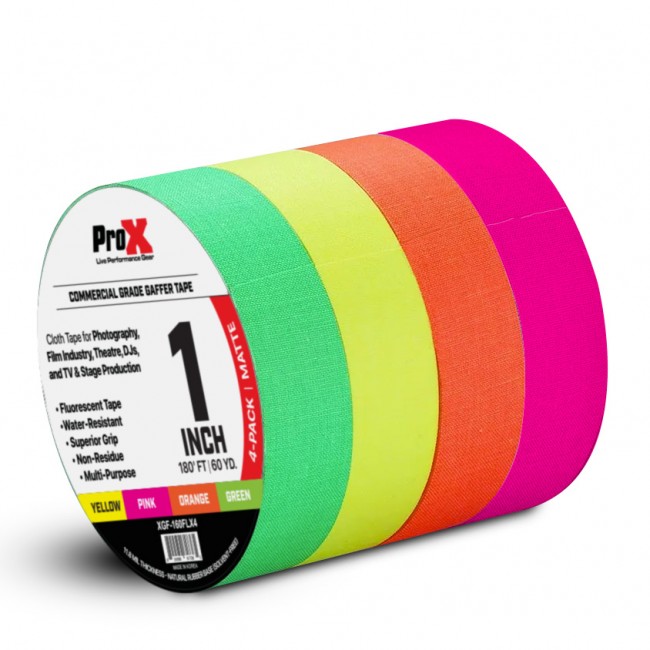 1 Inch Fluorescent Multi-Color Commercial Gaffer Tape 180' FT – 60 YD. per roll Cloth Vinyl No Residue - 11.8 ml