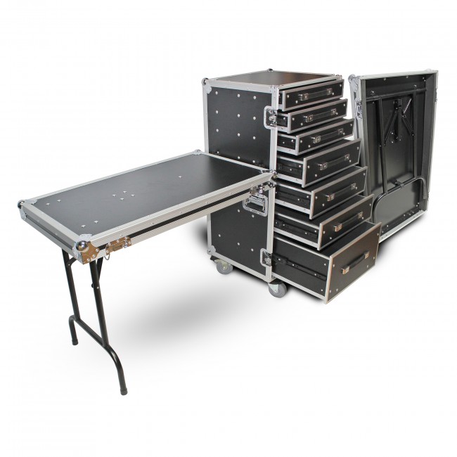 (7) Utility Drawer ATA Flight Style Case with Fold out Left Right Side Mounting Removable Table and 4 inch Casters