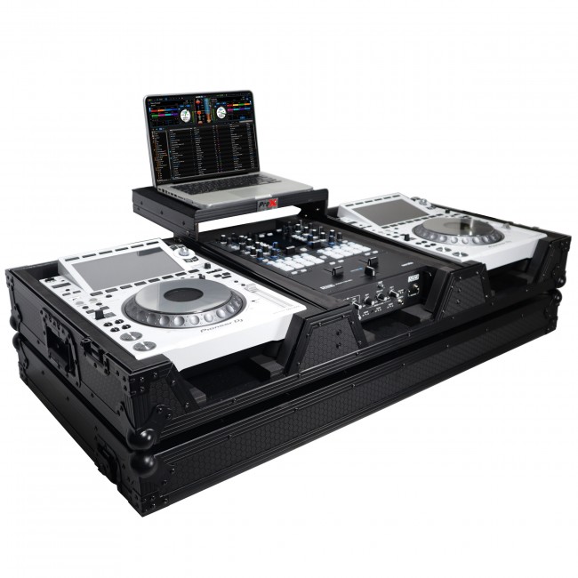DJ Coffin Case for Pioneer  2X CDJ-3000 CD  and  DJM-900NXS2 Mixer W/Wheels & Laptop Shelf (Black on Black)