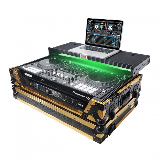 ATA Flight Case for Pioneer DDJ-1000 FLX6 SX3 DJ Controller with 1U Rack Space Laptop Shelf Wheels and LED - Gold Black