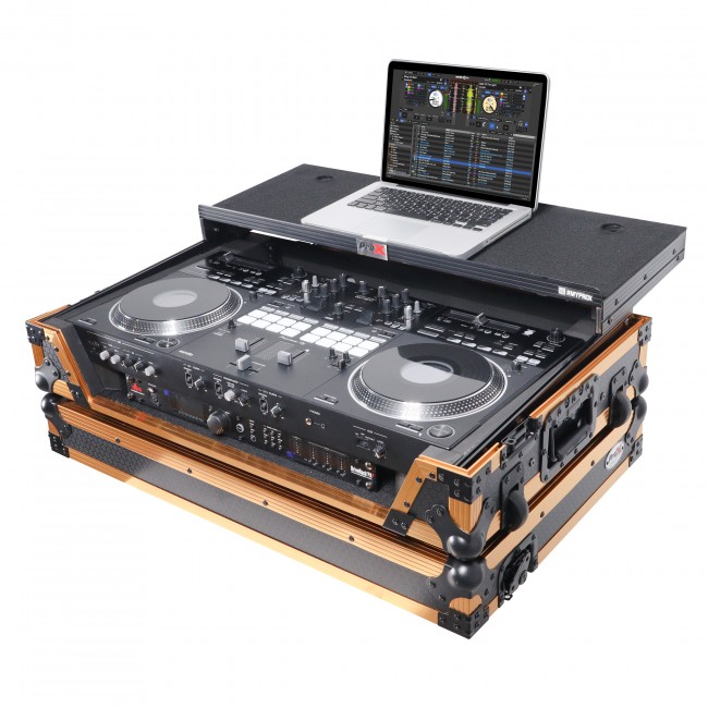 ATA Style Flight Case for Pioneer DDJ-REV7 DJ Controller with Laptop Shelf Wheels and 1U Rack Space Gold Black Finish