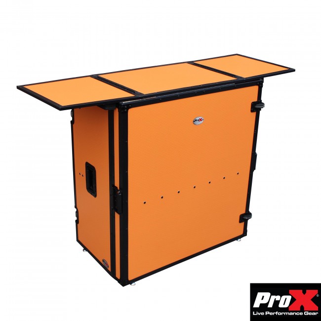 Transformer Series DJ Folding Workstation Table - Fold Away W-Wheels | Black on Orange