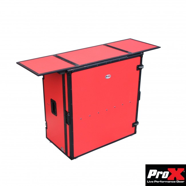 Transformer Series DJ Folding Workstation Table - Fold Away W-Wheels | Black on Red