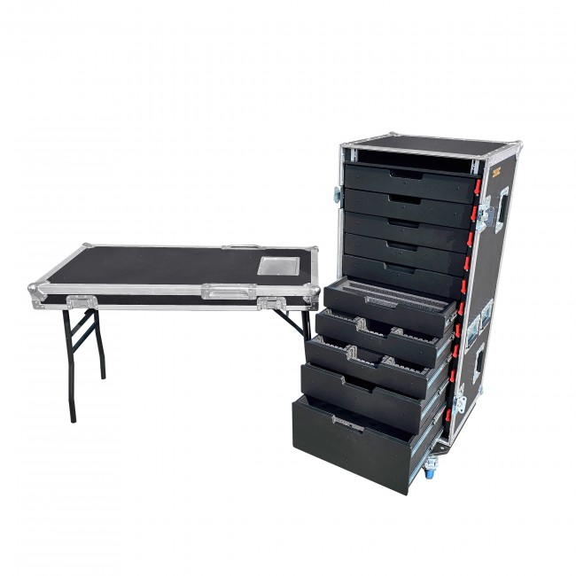 ATA Style (10) Rolling Utility Drawer Locking Tool Chest Organizer Flight Case with Folding Table and Casters