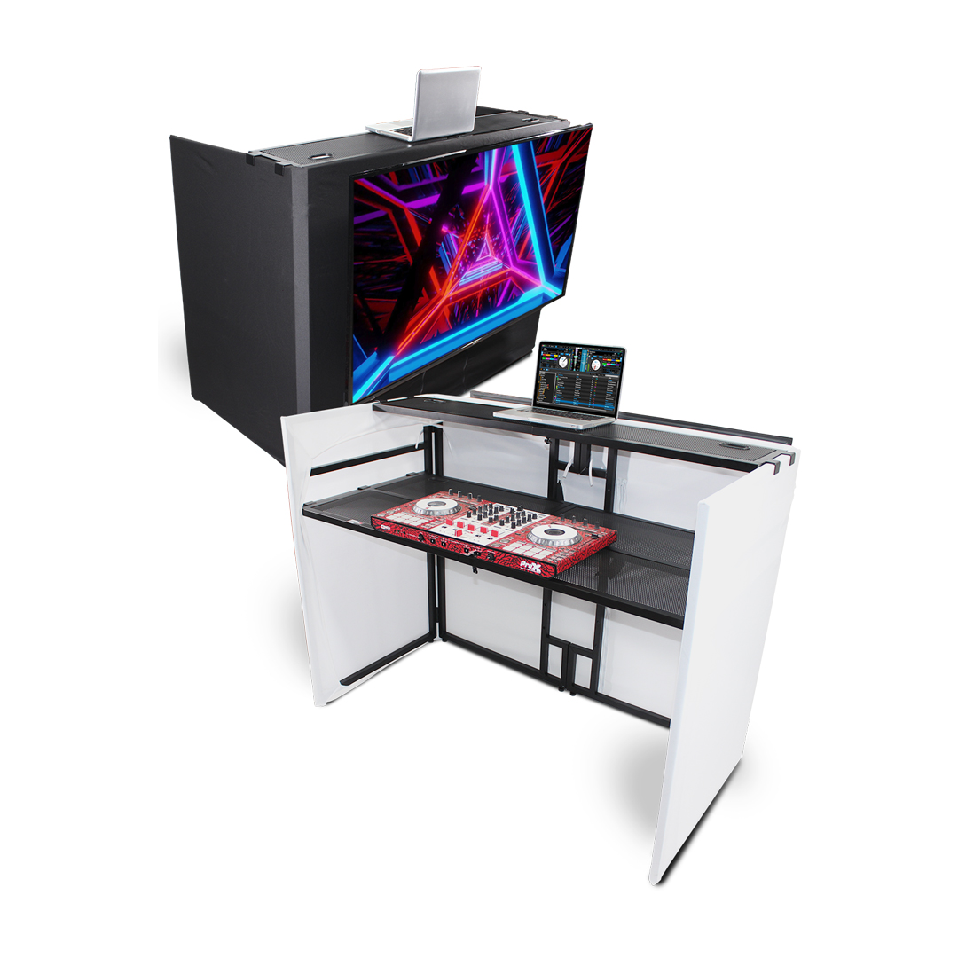 ProX XF-MESAMEDIAMK2 DJ Facade Table Station Includes TV Mount, White &  Black Scrims and Carry Bag